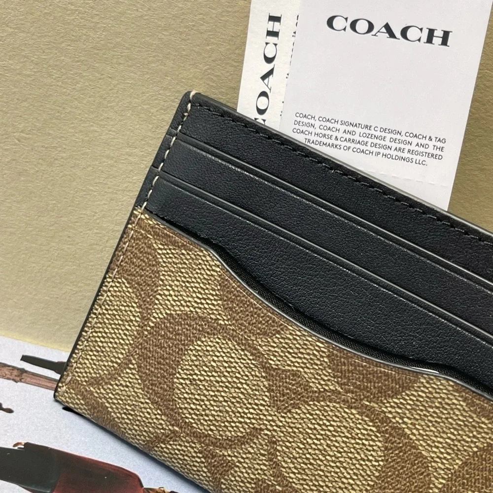 (new+tag+box) Coach Signature Monogram Card Holder Jacquard khaki brown black